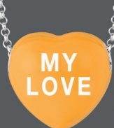 Everyone's favorite sentimental sweet. Sweethearts' adorable heart-shaped pendant expresses more that just great style with the words MY LOVE written across a bright orange enamel surface. Pendant crafted in sterling silver. Copyright © 2011 New England Confectionery Company. Approximate length: 16 inches + 2-inch extender. Approximate drop: 5/8 inch.