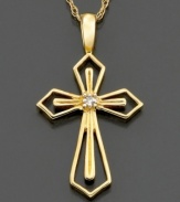 A beautiful take on the classic cross pendant featuring a diamond accent set in intriguing 14k gold openwork. Approximate length: 18 inches. Approximate drop: 3/4 inch.