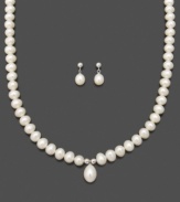 Make yourself stand out with this timelessly beautiful cultured freshwater pearl (6-9 mm) necklace and earrings set, featuring a lovely teardrop-shaped pearl center. In sterling silver. Necklace measures approximately 18 inches.