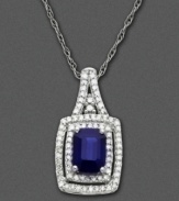 September's birthstone rests proudly in a shining setting on this 14k white gold pendant featuring emerald-cut sapphire (1/6 ct. t.w.) and round-cut diamond (1/4 ct. t.w.).  Approximate length: 18 inches. Approximate drop: 3/4 inch.