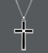 A bold statement of faith, this men's stainless steel cross pendant features a black enamel pattern with a diamond accent. Cross necklace featured on curb chain. Approximate length: 24 inches. Approximate drop: 1-1/2 inches.