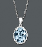 Splash your neckline with a hint of pale pastel. Pendant features an oval-cut aquamarine gemstone (1-3/8 ct. t.w.) surrounded by a halo of diamond accents. Crafted in 14k white gold. Approximate length: 18 inches. Approximate drop: 1/2 inch.