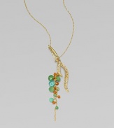 From the Elements Collection. A carnelian, apatite and chrysoprase cluster attached to a goldtone leaf pendant accented with sparkling Swarovksi crystals on a delicate 18k goldplated chain. Carnelian, apatite and chrysopraseSwarovski crystals18k goldplated chainGoltoneLength, about 16 to 19 adjustable18k goldplated lobster claps closureMade in USA