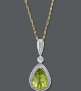 Add a little glamour in green. A pear-cut peridot (1-7/8 ct. t.w.) surrounded by a circle of round-cut diamonds (1/10 ct. t.w.) makes quite the glowing statement. Crafted in 14k gold. Approximate length: 18 inches. Approximate drop: 3/4 inch.