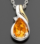 A lovely gem with a truly unique hue. This faceted, pear-cut citrine (5/8 ct. t.w.) pendant set in 14k gold & sterling silver is enhanced with round-cut diamond accents. Pendant hangs from a sterling silver chain. Approximate length: 18 inches. Approximate drop: 1/2 inches.