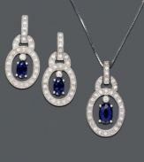 A stunning finish to your evening ensemble. Matching pendant and earrings feature diamond-accented sterling silver ovals with boldly blue oval-cut sapphire (1-1/8 ct. t.w.) at center. Approximate necklace length: 18 inches. Approximate pendant drop: 3/4 inch. Approximate earring drop: 1/4 inch.