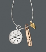 This charming necklace will help you navigate your way to style. Sterling silver pendant features three charms including a sterling silver compass, a 14k gold-plated heart, and an inspirational 14k rose gold-plated tag that reads: To thine own self be true by Shakespeare. Approximate length: 18 inches. Approximate drop: 3/4 inch.