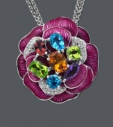 Spring is in bloom!  Adorn your neckline with Town & Country's vibrant flower for a sweet look. Crafted in sterling silver, necklace features multiple sparkling gemstones, including diamonds (1/5 ct. t.w.), peridot (1-9/10 ct. t.w.), citrine (1 ct. t.w.), blue topaz (1-1/3 ct. t.w.), pink tourmaline (3/8 ct. t.w.), and amethyst (1/2 ct. t.w.). Approximate length: 18 inches. Approximate drop: 1 inch.