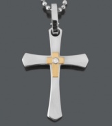 Let your faith shine in symbolic style. Cross pendant features a flair edge design and matching bead chain. Crafted in stainless steel with 14k gold center and a round-cut diamond accent. Approximate length: 24 inches. Approximate drop width: 1-1/10 inches. Approximate drop length: 1-13/20 inches.