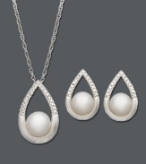 Add pristine sophistication with timeless pearl. Sleek teardrop set includes a necklace and earrings featuring cultured freshwater pearls (5-1/2 to 6 mm) with a dusting of diamond accents at the crown. Set crafted in smooth sterling silver. Approximate necklace length: 18 inches. Approximate pendant drop: 3/4 inch. Approximate earring diameter: 1/2 inch.