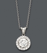 Encircle yourself in statement-making sparkle. B. Brilliant pendant features a round-cut cubic zirconia (2-1/2 ct. t.w.) surrounded by a halo of cubic zirconia accents. Setting and chain crafted in sterling silver. Approximate length: 18 inches. Approximate drop: 5/8 inch.