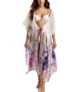 THE LOOKPastel flower print with shimmery pearlescent finishKimono-inspired sleevesDrawstring sash ties at waistTHE FITAbout 51 from shoulder to hemTHE MATERIAL67% silk/33% nylonCARE & ORIGINHand washImported