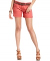 A faux-leather belt accented with embroidered design adds totally cute style to these cuffed shorts from Dollhouse!