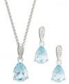 Get a double dose of true blue. Victoria Townsend's dazzling jewelry set features a matching pendant and earrings with pear-cut blue topaz (7-1/2 ct. t.w.) and glittering diamond accents. Set in sterling silver. Approximate length: 18 inches. Approximate drop (pendant): 3/4 inch. Approximate diameter (earrings): 5/16 inches.