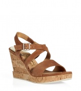 Bring 1970s-inspired style to your look with these luxe suede sandals from Salvatore Ferragamo - Front strap, crisscross ankle strap with buckle closure, cork wedge heel - Pair with a diaphanous floral dress and a sunhat