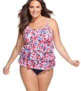 Fit 4 U ups the ante on a plus size tankini top with ruffles & a flirty floral print!