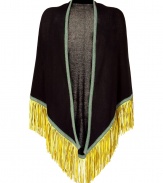 Cover up in ultra-luxe style with this fringed cashmere oversized scarf from Antonia Zander - Large triangle shape, contrast trim, dramatic yellow fringe - Pair with a cocktail-ready frock and heels or with a cashmere pullover and skinny jeans