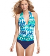 Make a bright beach statement in a bold global-inspired printed swimsuit by INC International Concepts! With the illusion of a tankini two-piece, the ruching contours curves for a flattering look -- an everyday value!