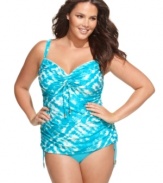 Coco Reef's plus size tankini top works in trendy tie dye with a bright, bold beach look.