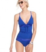 Stripes and drawstring ties add sporty style to this JAG tankini top!