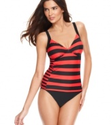 Get the look of a hot tankini with the easy styling of a one piece swimsuit, from Tropical Honey. The fashionably low price and chic striped print make this one a must-have!