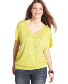 Get your shine on with Eyeshadow's short sleeve plus size top, accented by a studded front.