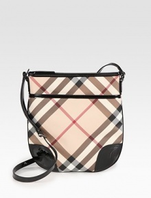 Iconic Burberry check on sleek PVC in a versatile crossbody silhouette.Adjustable shoulder strap, 18¾-22¼ dropTop zip closureOne outside snap pocketOne inside zip pocketTwo inside open pocketsCotton lining11¼W X 11¼H X 3/4DImported