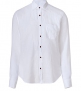 With its clean look and lightweight linen, Vinces white button-down is an effortless cool choice - and a must for your next warm weather getaway - Classic collar, long sleeves, buttoned cuffs, button-down front, chest pocket, wood-effect buttons, shirttail hemline - Relaxed slim fit - Wear with swim trunks, or linen pants and sandals