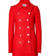 Tailored to perfection in a radiant red hue, McQ Alexander McQueens double-breasted coat adds a sharp finish of utilitarian-chic to contemporary looks - Notched buttoned lapel, extra long sleeves, double-breasted buttoned front, logo buttons, side slit pockets - Slim tailored fit - Team with feminine blouses, leather leggings and flats, or dress up with tailored sheaths and statement heels