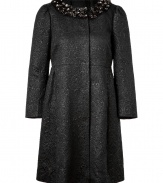 Leave your jewels at home and dress up your neckline with Valentino R.E.D.s exquisitely embellished woven metallic black coat - Collarless with tonal crystal flower embellished neckline, long sleeves, slightly puffed shoulders, front slit pockets, hidden front snaps - Fitted top, gathered waistline - Wear over a cocktail sheath with ladylike peep-toes