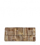 Invest in multi-season luxury with Nancy Gonzalezs cool cobra clutch, an ultra glamorous choice in cinnamon and gold - Flap with hidden magnetic closures, back slit pocket with magnetic closure, inside zippered sectional pocket, back wall slot pocket, tan suede lining - Carry as a finish to chic evening looks