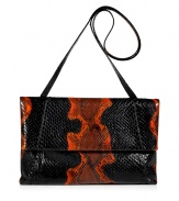 Invest in multi-season sophistication with Nancy Gonzalezs sleek fold-over python clutch, an ultra luxurious choice in cool onyx and pumpkin - Fold-over with hidden magnetic snaps and zippered pocket underneath, back slit pocket with magnetic closure, inside zippered back wall pocket, cinnamon suede lining, removable shoulder strap - Carry as a finish to chic day and evening looks alike