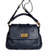 A Marc by Marc Jacobs favorite style in jet blue leather, this convertible silhouette lends a cool compliment to any outfit - Flap with logo plaque, magnetic snap underneath, slouchy shape, adjustable removable shoulder strap, logo lining, zippered back wall pocket, 2 front wall slit pockets - Perfect for everyday use or for off-duty casual ensembles