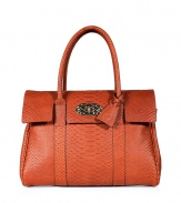 Opt for the iconic this season with Mulberrys richly hued cinnamon semi-embossed snake print Bayswater leather tote - Snake print semi-embossed leather, flap front with snake engraved signature Postmans lock closure, double top handles with padlock fob, internal belt straps to adjust size, inside zippered back wall pocket, two front wall slot pockets - Pair with tailored outerwear and sleek leather boots