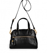 Detailed in textural black leather with a practical crossbody strap, Marc by Marc Jacobs convertible tote lends a cool Downtown edge to every outfit - Zippered front pocket with luggage tag, metallic embossed logo, double top handles, removable belted shoulder strap, zippered top, inside zippered back wall pocket, 2 front wall slot pockets - Sling across for work, school, or weekend shopping