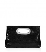 Bring a high style kick to your cocktail look with this easy-to-style lizard embossed leather clutch from MICHAEL Michael Kors - Rectangular shape, cut-out handle with silver-toned metal trim, glossy black lizard embossed leather - Style with a fitted sheath dress, a leather jacket, and platform pumps