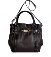 The classic tote goes ultra-luxe with this supple leather iteration from Burberry London - Classic carryall style, carrying handles, convertible shoulder strap, belted details with gold-tone logo clasp, metal feet at bottom, multiple internal pockets, tartan logo lining, pebbled leather - Perfect for daily use or off-duty chic