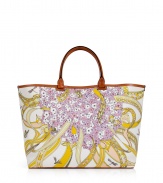 Stash away your spring  essentials in Emilio Puccis floral printed cotton tote, detailed with smooth leather handles for a polished look - Leather double top handles, bright yellow interior - Wear with a sundress and sandals in the city