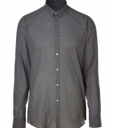 Achieve urbane sophistication in this slim fit shirt from Costume National - Small spread collar, front button placket, button-detailed cuffs, curved hem, all-over micro plaid print - Wear with sleek trousers, a leather jacket, and boots