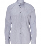 Classic, polished button-down dress shirt from Paul Smith in pure blue and white micro-checked cotton - Short collar and full placket with slim, cuffed sleeves - Favorite shirt of the office or for pleasure when paired with smart fitted suit pants or with favorite dark denim