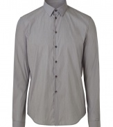 Anchor your wardrobe with classically stylish staples like this finely striped, silver grey Costume National cotton blend dress shirt - Slim, straight cut, with a touch of stretch for extra comfort - Button down style, with Kent collar and long sleeves - Rounded hem hangs slightly longer in the back - Seamlessly transitions from day to evening - Pair with suit trousers, chinos or denim