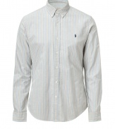 Easy, understated and classically cool, Polo Ralph Laurens striped button-down is a must in any modern wardrobe - Small button-down collar, long sleeves, buttoned cuffs, front button placket, embroidered polo logo, shirttail hemline, allover print, new slim cut is more fitted through chest and torso - Dress up with suit trousers and a blazer, or go for a more casual look with jeans and a pullover