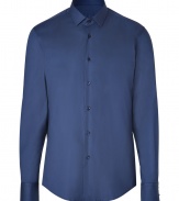 Classic button-down shirt in modern navy cotton - Hint of stretch creates a flattering fit - Small collar, full placket, slim long sleeves - Rounded hem - Looks great with a suit at the office, or with favorite dark jeans, chinos or corduroys for a polished casual look