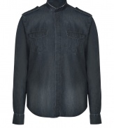 The classic jean shirt gets a contemporary remake in Iros leather trimmed black denim version, a Downtown-cool choice tailored to all-season sophistication - Short stand-up collar, long sleeves, buttoned cuffs, button-down front, epaulettes, shirttail hemline - Modern straight fit - Wear with edgy leather jackets and jet black skinny jeans