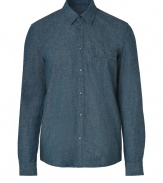 A versatile staple packed with wearing possibilities, Marc by Marc Jacobs chambray shirt is a cool take on this trend-favorite style - Classic collar, long sleeves, buttoned cuffs, button-down front, buttoned chest pocket, shirttail hemline - Tuck into tailored trousers with a sleek belt and leather boots