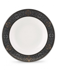 The Vintage Jewel pattern evokes a more gracious era, combining pure white bone china with a dark, richly patterned band of muted gold, taupe, charcoal, and black, and accented with subtle touches of cobalt blue. From Lenox's dinnerware and dishes collection. Qualifies for Rebate