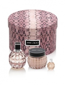 Reveal the glamorous seductress in you with this elegant Jimmy Choo gift set that includes a selection of Jimmy Choo treasures: a 3.3 oz. Eau de Parfum, 5 oz. Perfumed Body Cream, and a 0.15 oz. Eau de Parfum miniature. 