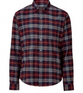 Super on-trend crimson and navy brick plaid shirt -Get the of-the-moment look in this stylish plaid button-down - Small smart collar with a modern-cut silhouette - Wear with a chunky wool cardigan, jeans, a motorcycle boots for downtown-ready casual - Pair with a blazer, chinos, and oxfords