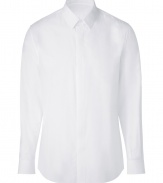 Super stylish white button down shirt from Marc Jacobs - This elegant staple transitions effortlessly from office to cocktails - Small collar, hidden button front placket, barrel cuffs- Style with a slim blazer, trousers, and dress shoes