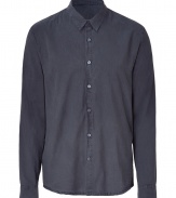 Bring ultra-cool ease to your casual look with this button down from James Perse - Small spread collar, front button placket, long sleeves, rounded hem, slim fit - Style with jeans or chinos, a V-neck cardigan, and trainers